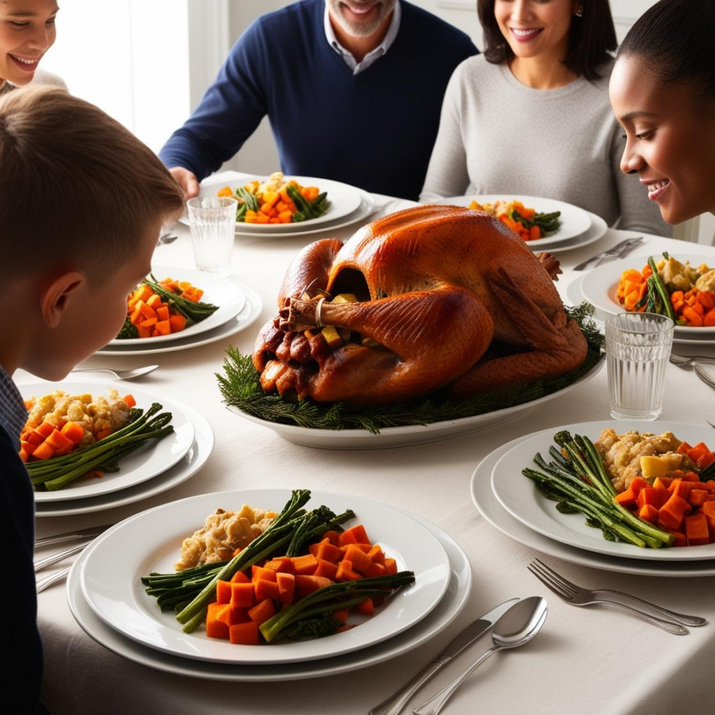 Family and friends gathered around Thanksgiving Day table.